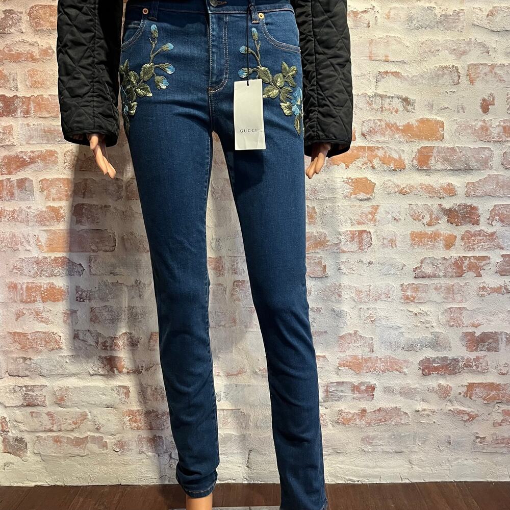 GUCCI Blue Floral Embroidered Mid-Rise Skinny Jeans SZ29